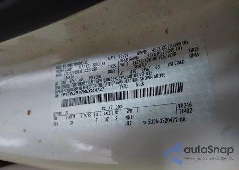 2022 Ford F-250 Xlt из США, поврежденный, VIN 1FT7W2B67NEG44227